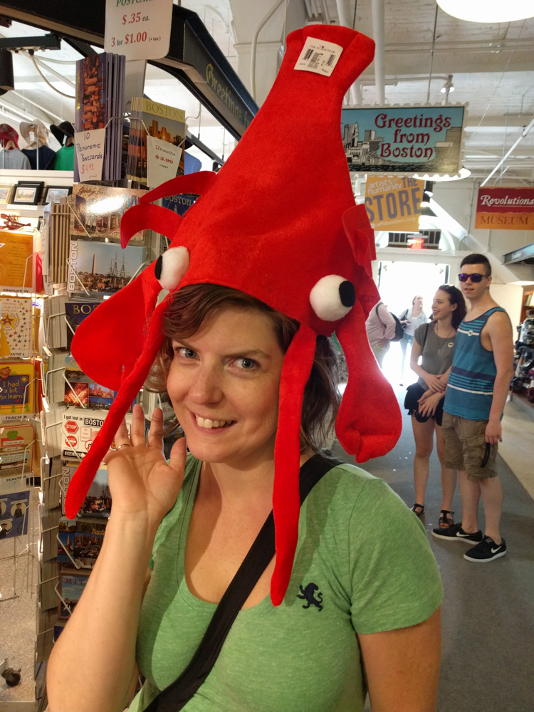 modeling a lobster hat in Quincy Market