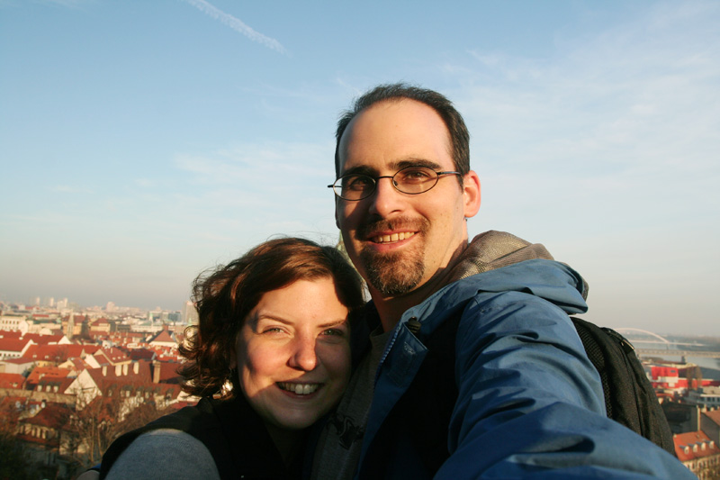 us overlooking Bratislava from the Castle grounds