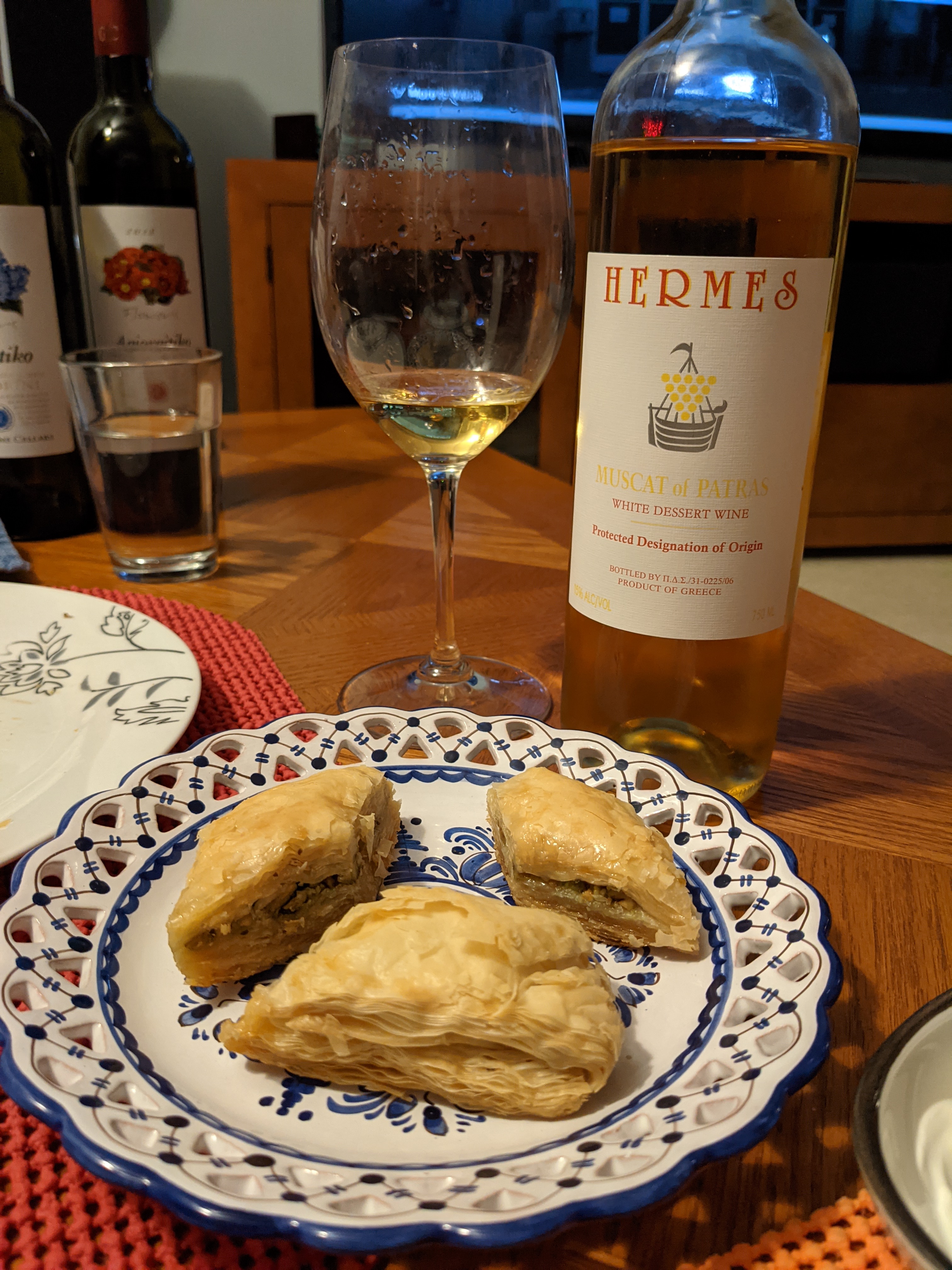 Greece: pistachio baklava from Neomonde and Greek dessert wine