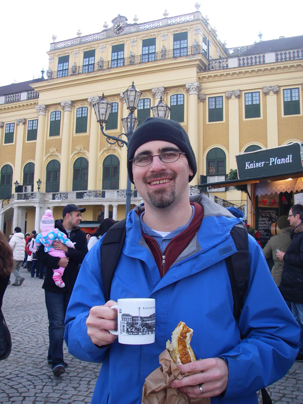 Eric enjoying a pretzel and sissy wine!